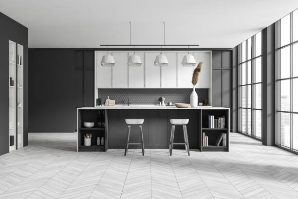 istock Kitchen interior with island and seats, shelves and kitchenware, panoramic window 1403987392