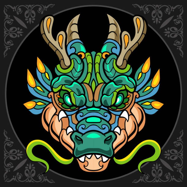 istock Colorful Dragon head coloring book arts, isolated on black background 1403987451