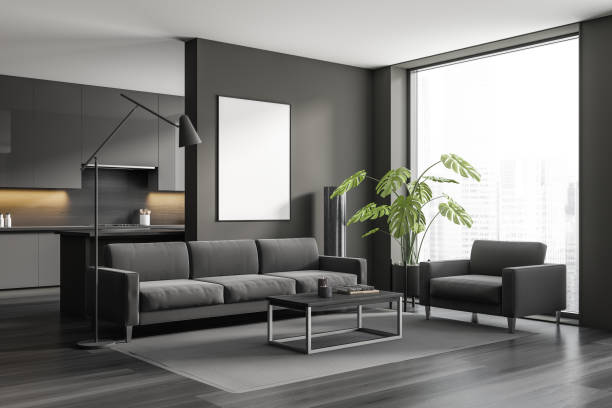 istock Kitchen interior with couch near window, cooking space in studio. Mockup frame 1403987903