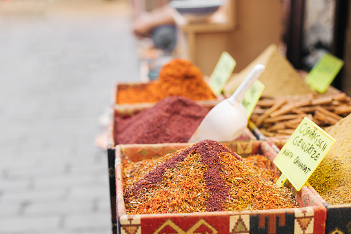 A spice bazaar and street market in Antalya, Turkey