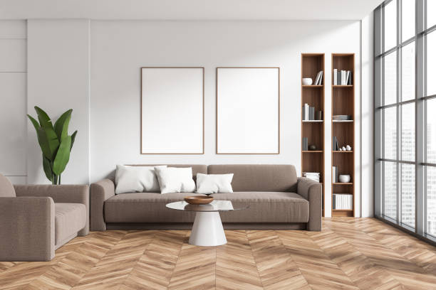istock Bright living room interior with two empty white posters 1403988903