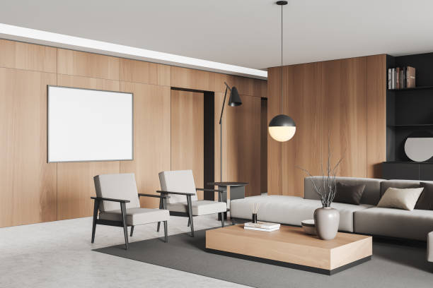 istock Corner view on bright living room interior with empty poster 1403989161