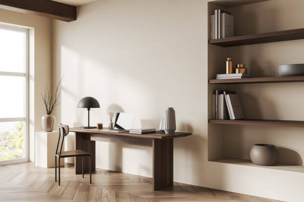 istock Light home office interior, seat and table with laptop, shelf and decoration. Mockup 1403989581