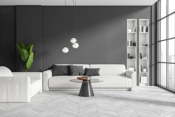 istock Front view on dark living room interior with panoramic window 1403989600