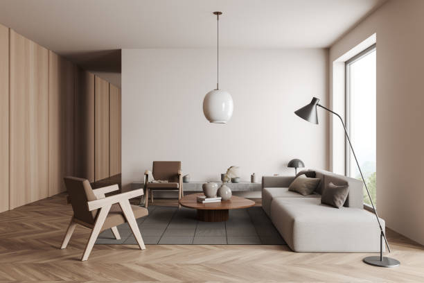 istock Light chill room interior with sofa and seats, panoramic window 1403989728