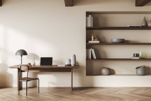 istock Light home office interior, seat and table with laptop, shelf and decoration. Mockup 1403990652