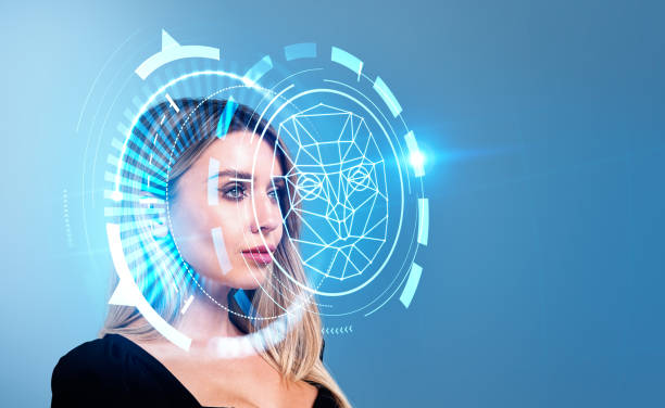 istock Businesswoman and biometric scanning, digital hologram with binary 1403990797