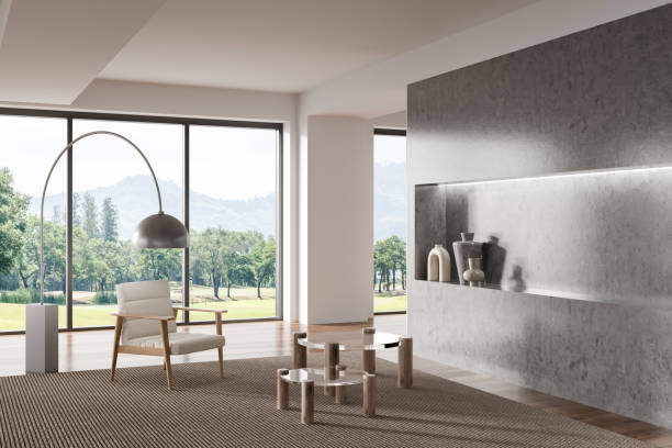 istock Corner view on bright living room interior with panoramic window 1403990906