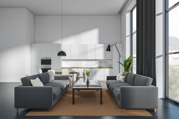 istock Kitchen interior with couch and eating table, chill area and panoramic window 1403991419