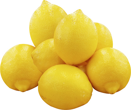A row of sliced lemons on white background