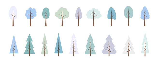 TREES SET. Vector flat winter trees, forest. Collection snow elements, various blue trees, bushes. Nature design flat icon. Simple Christmas winter illustration. Pastel snow colors icons