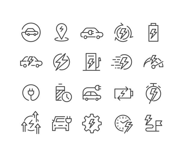 ilustraciones, imágenes clip art, dibujos animados e iconos de stock de iconos de vehículos eléctricos - serie classic line - estación de carga eléctrica