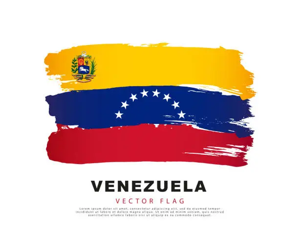 Vector illustration of Flag of Venezuela. Yellow, blue and red brush strokes, hand drawn. Vector illustration isolated on white background.