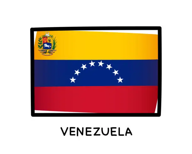 Vector illustration of Flag of Venezuela. Colorful Venezuelan flag symbol. Yellow, blue and red brush strokes, hand drawn. Black outline. Vector illustration