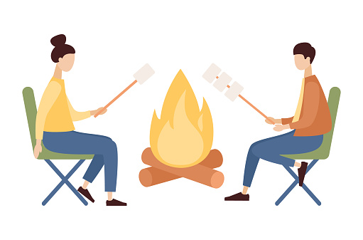 People sitting bonfire and roast marshmallow on fire. Couple on campfire in forest. Summer night. Campfire with woodpile. Vector