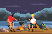 istock Father and son camping and cooking in camp bowler at stake. Family travelling, vacation, hiking, happy fatherhood and childhood, spend time together, hobby concept. Vector character illustration 1403995174