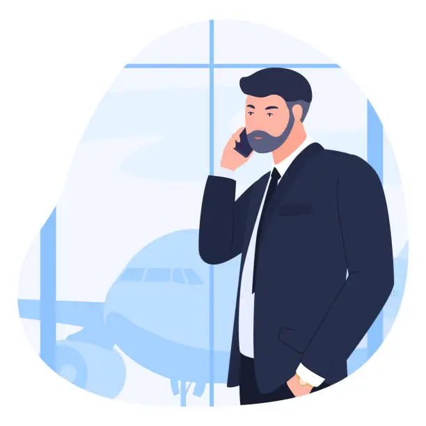 Vector illustration of Business man in suit talking on phone at airport terminal vector flat illustration