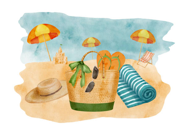 istock Watercolor summer beach illustration. Hand drawn beach bag with towel, flip flops, straw hat and sunglasses on sand and water background with parasols. Sea resort vacation scene isolated on white. 1403995304