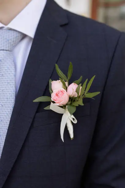 A wedding boutonniere made of real rose flowers in the groom's pocket. Close-up.