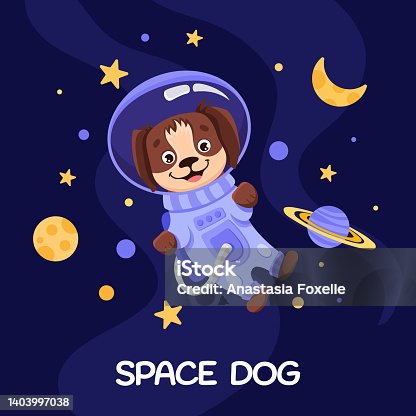 istock Dog Astronaut in space suit for birthday party flyer, kids print texture and baby shower. Cute pet with planets moon stars in open space. Vector Cartoon illustration 1403997038