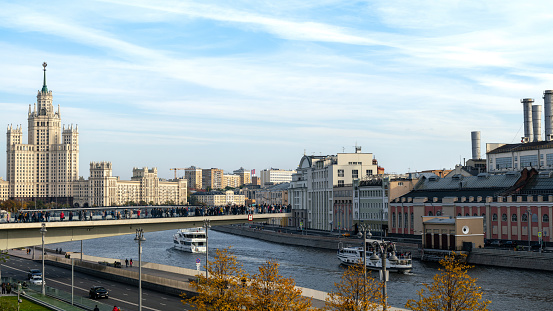 Aerial view of the Moscow-river waterfront and daily traffic on the road