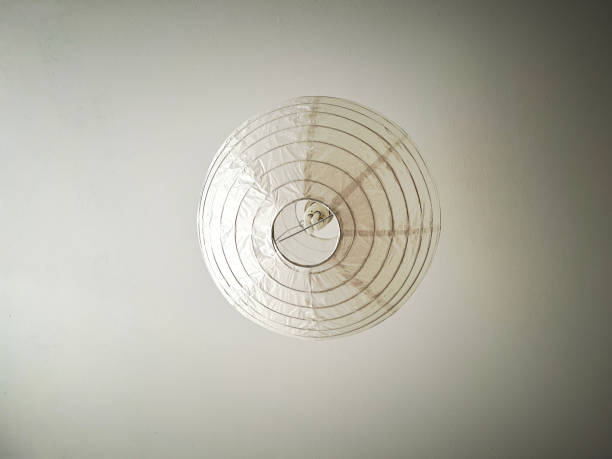 View from below of a white and round ceiling lamp.