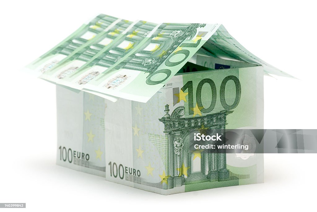 Big One Hundred Euro House Big house built of several one hundred euro bills. Isolated on Achievement Stock Photo