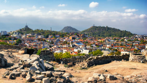 Aerial view of Plovdiv, Bulgaria, 8000 years old city.