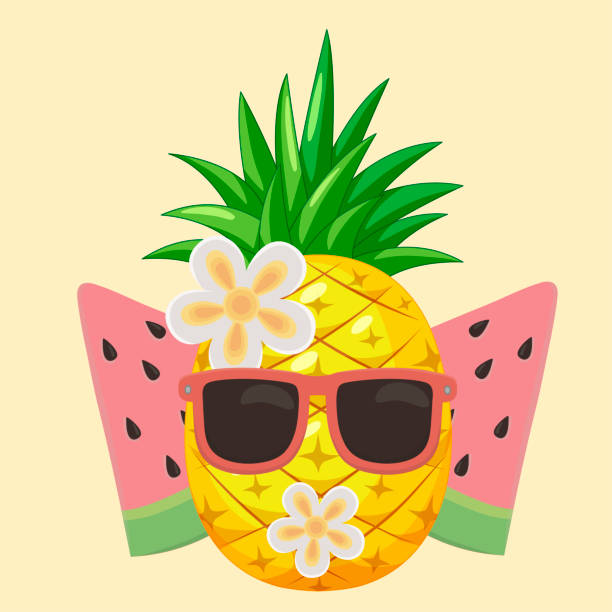 illustrazioni stock, clip art, cartoni animati e icone di tendenza di viaggi estivi e vacanze spiaggia ananas anguria e occhiali da sole con fiori isolati icona di design - watermelon melon fruit juice