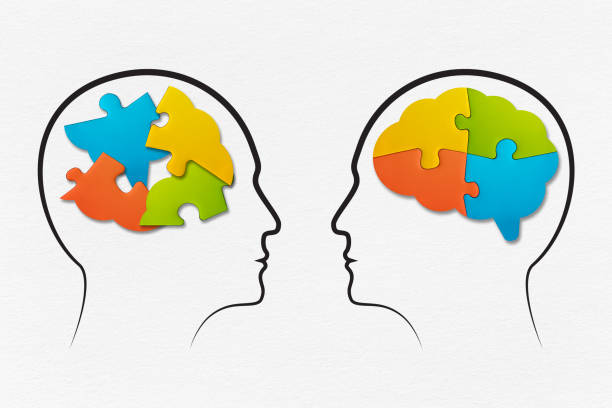 istock Different thinking, rational and irrational thinking concept. Mental health and problems with memory. Human brain shaped made of jigsaw puzzles inside your head 1403999472