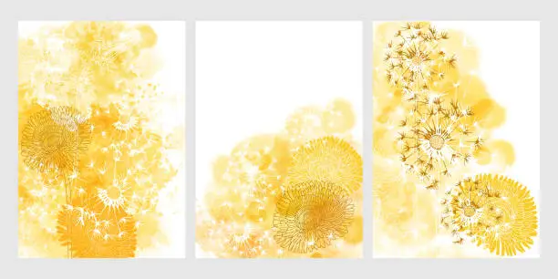 Vector illustration of Pre-made design with with dandelion flowers, yellow watercolor splash and place for text. Vector layout decorative greeting card or invitation design background, wallpaper design. Three different versions on a spring theme.