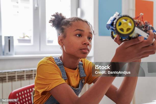 Cute Girl With Afro Hair At The Stem Class Stock Photo - Download Image Now - STEM - Topic, Student, Child