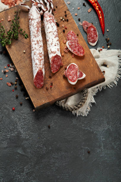 istock Traditional Spanish fuet on gray background. 1404001519