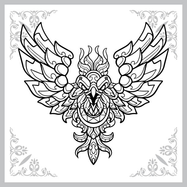 illustrazioni stock, clip art, cartoni animati e icone di tendenza di phoenix bird zentangle arts, isolato su sfondo bianco - phoenix wing bird peacock