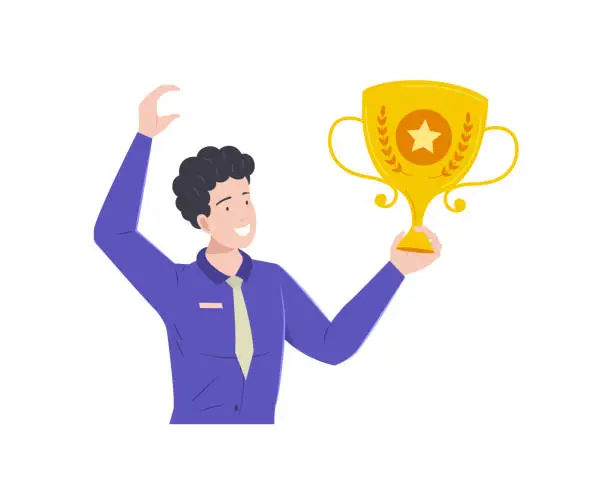 Vector illustration of Happy competition champion man holding golden cup won celebrating victory. Success of male awarded with prize