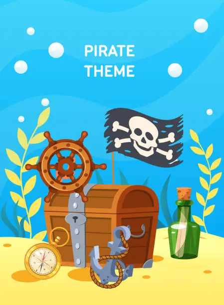 Vector illustration of Pirate theme with treasure chest at sea sandy bottom