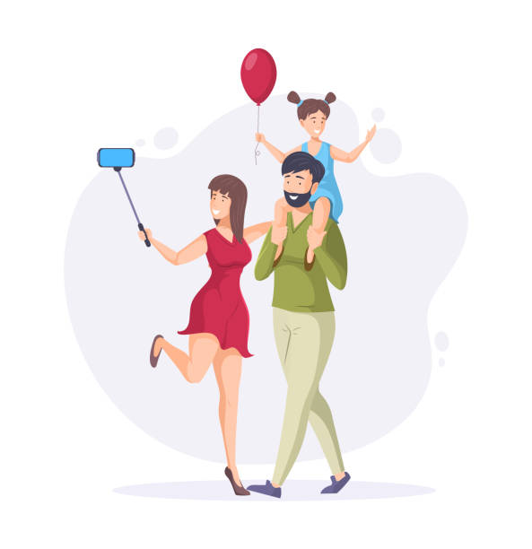 Happy family walking outdoors and taking selfie on phone Happy family walking outdoors and taking selfie on phone. Joyful girl with b balloon sitting on her father shoulders. Mom doing shot with selfie stick. Family having good time together flat vector clip art of a teen webcam stock illustrations