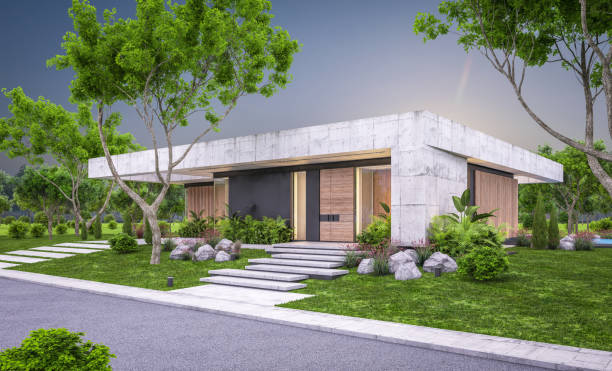 istock 3d rendering of new concrete house in modern style in evening 1404004201