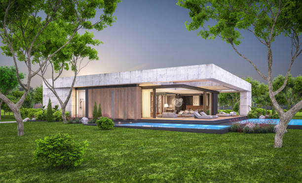 istock 3d rendering of new concrete house in modern style in evening 1404004203