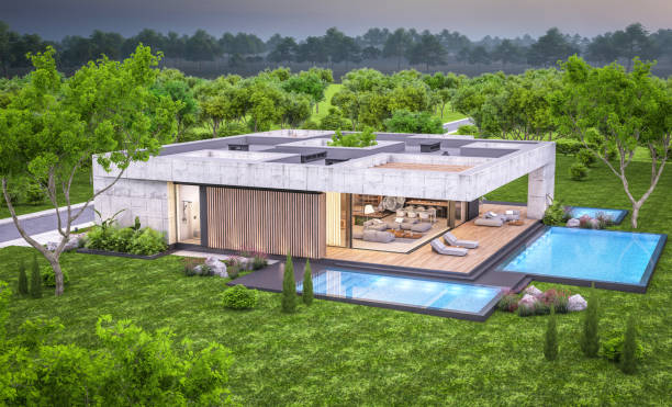 istock 3d rendering of new concrete house in modern style in evening 1404004204