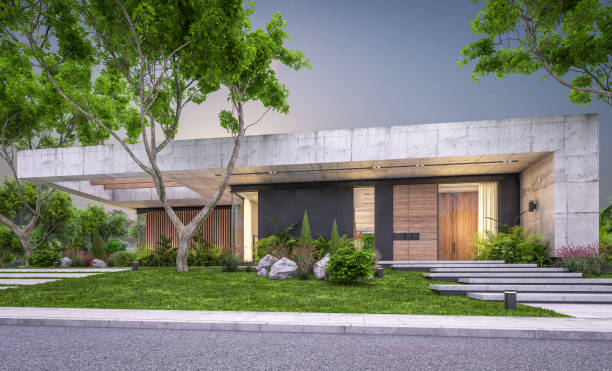 istock 3d rendering of new concrete house in modern style in evening 1404004249