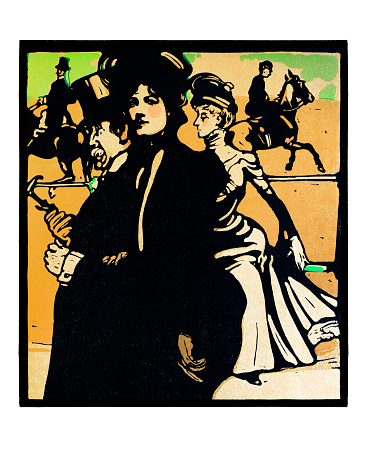 Group of people at horserace in London art nouveau illustration 1898
Rotten Row is a broad track running 1,384 metres ( 4,541 ft ) along the south side of Hyde Park in London. It leads from Hyde Park Corner to Serpentine Road.
Art Nouveau is an international style of art, architecture, and applied art, especially the decorative arts, known in different languages by different names: Jugendstil in German, Stile Liberty in Italian, Modernisme català in Catalan, etc. In English it is also known as the Modern Style. The style was most popular between 1890 and 1910 during the Belle Époque period that ended with the start of World War I in 1914.
Original edition from my own archives
Source : London Types - 1898
Sir William Nicholson – British artist, illustrator, and author, 1872-1949