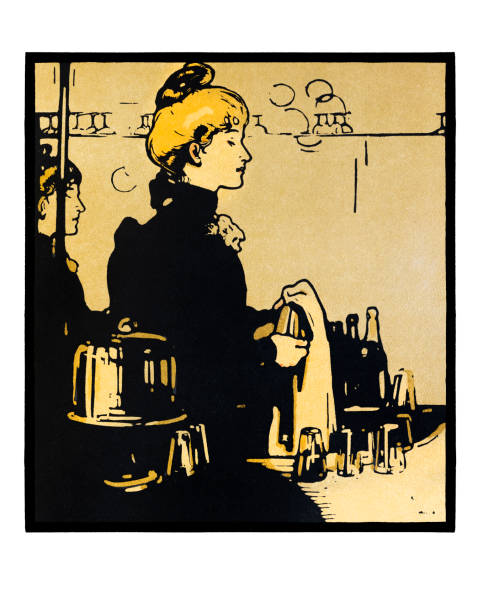 молодая женщина-бармен в ресторане работает в стиле модерн иллюстрация 1898 - working illustration and painting engraving occupation stock illustrations