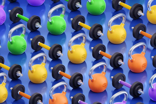 Gym workout equipment as dumbbells and kettlebells are arranged to straight rows on reflective blue background. 3D rendering graphics in isometric projection on the theme of Sports and Fitness Industries.