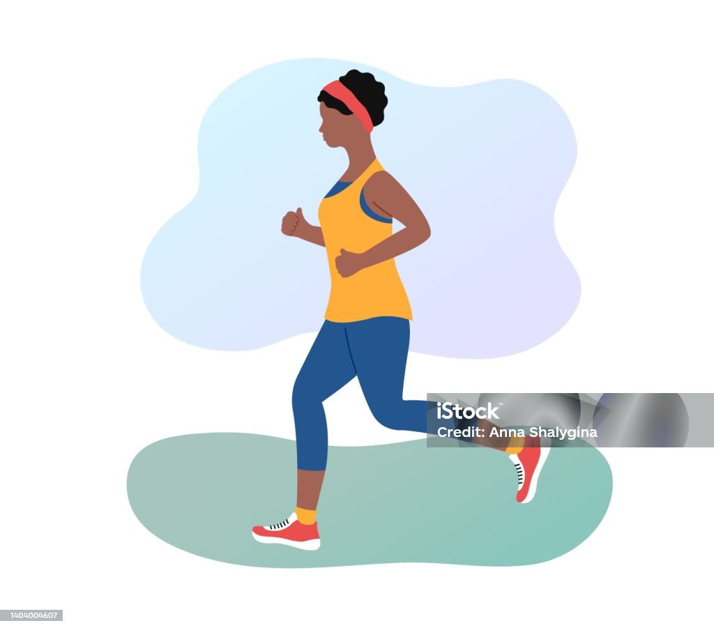 Jogging woman outdoors. African american adult girl running in sportswear. Morning jog in park. Flat vector illustration. Healthy lifestyle and fitness concept - Royaltyfri Kvinnopersoner vektorgrafik Jogging woman outdoors. African american adult girl running in sportswear. Morning jog in park. Flat vector illustration. Healthy lifestyle and fitness concept - Royaltyfri Kvinnopersoner vektorgrafik