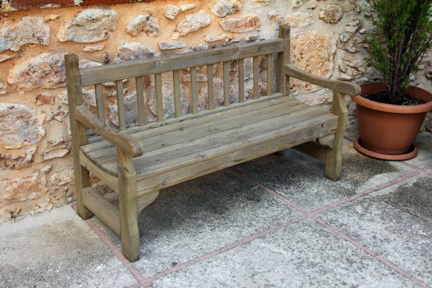 istock old wooden bench near stone wall 1404005441