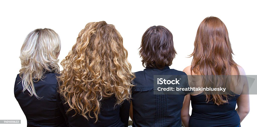 Four girls, 4 hair colours Four girls, four hair colours - blond, chestnut, brunette, redhead. Black blouses or tops. Isolated on white. Women Stock Photo