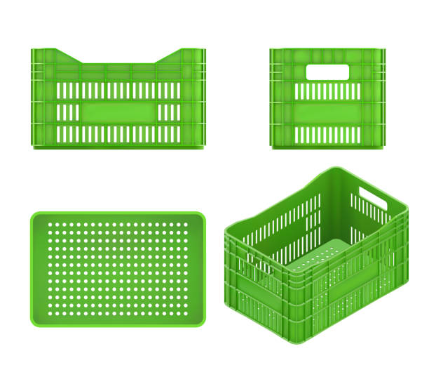 Green Plastic Crate 3d Green Plastic Vegetable Crates Set. Vector Photo Realistic Mockup Isolated On White Background. Front, Top, Back And Isometric Views crate stock illustrations