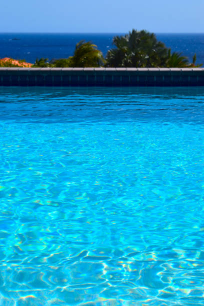 istock Vibrantly colored blue swimming pool with trees and sea in the background 1404008329