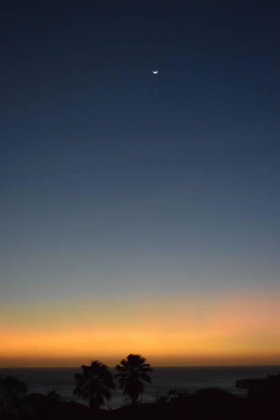 Moon rising after sunset over Caribbean sea in night sky